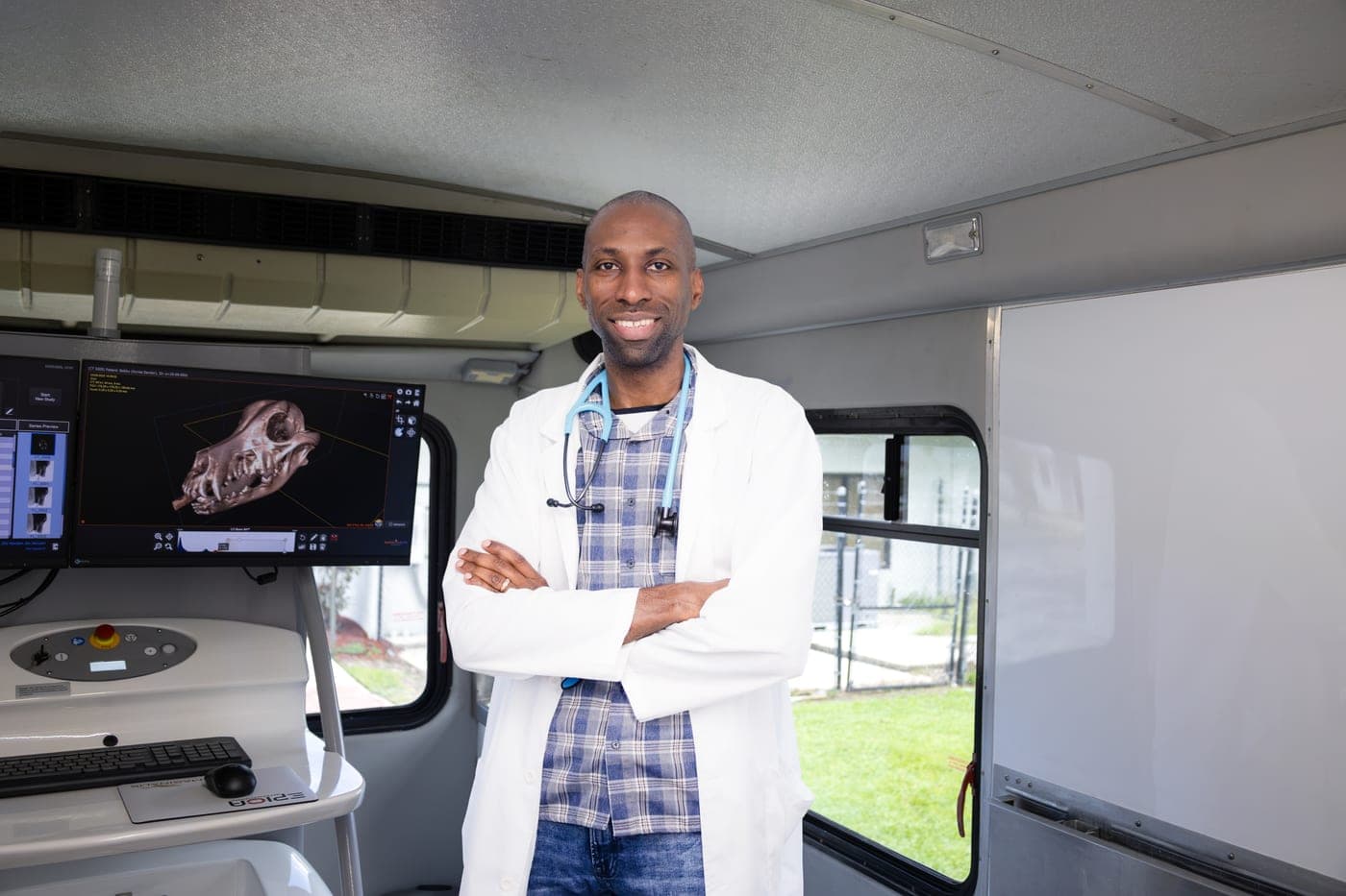 Dr. Yoan Corrales, DVM, inside the Jax Horizon medical bus