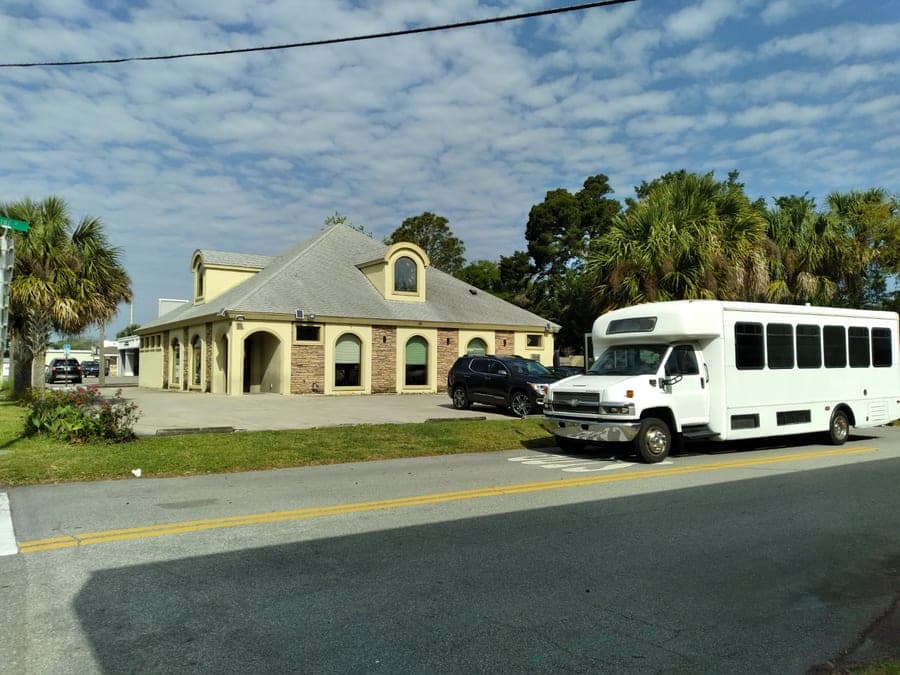 The medical bus parked in front of a veterinary clinic